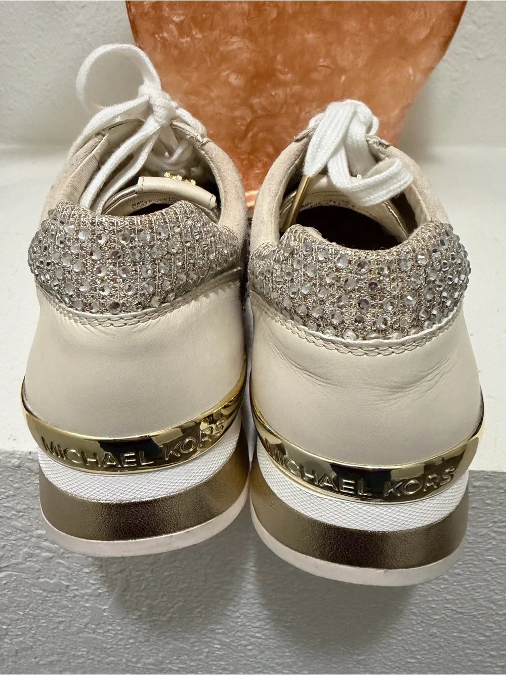 Michael Kors Beige and Gold Crystal-Embellished Sneakers